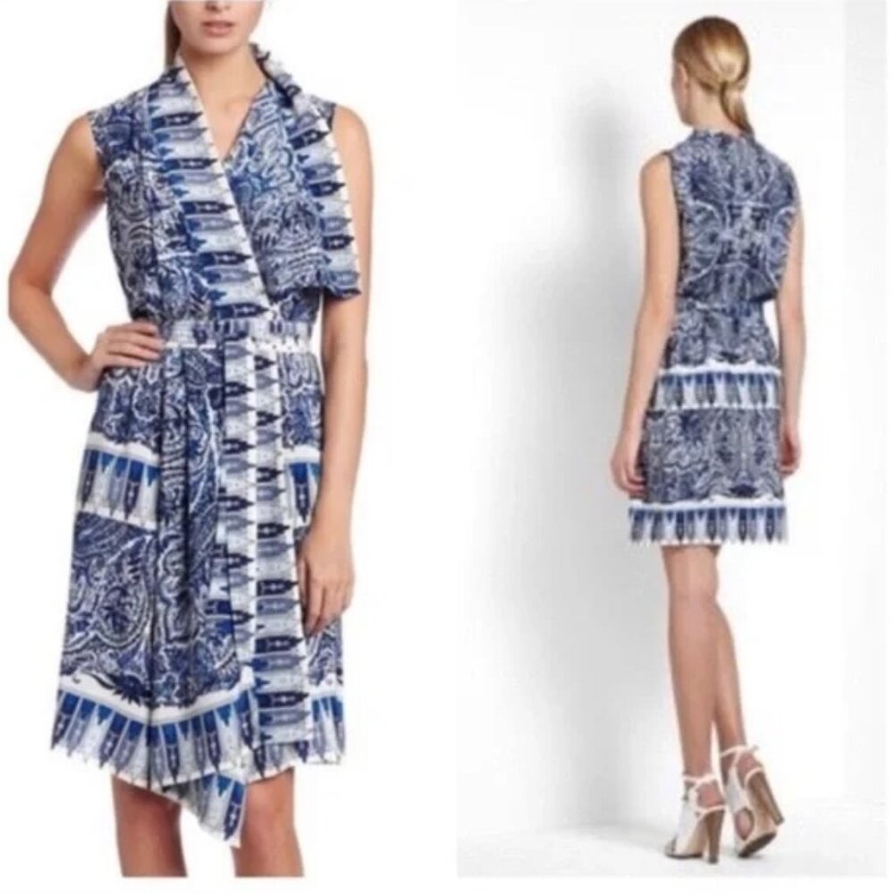 BCBGMAXAZRIA Blue White Idelle 100% Silk Floral Asymmetrical Cocktail Wrap Dress